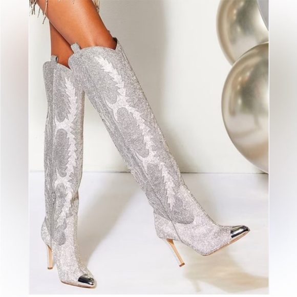 Gianni Bini Shoes - Gianni Bini Katyanna Rhinestone OTK Boots Silver NWT